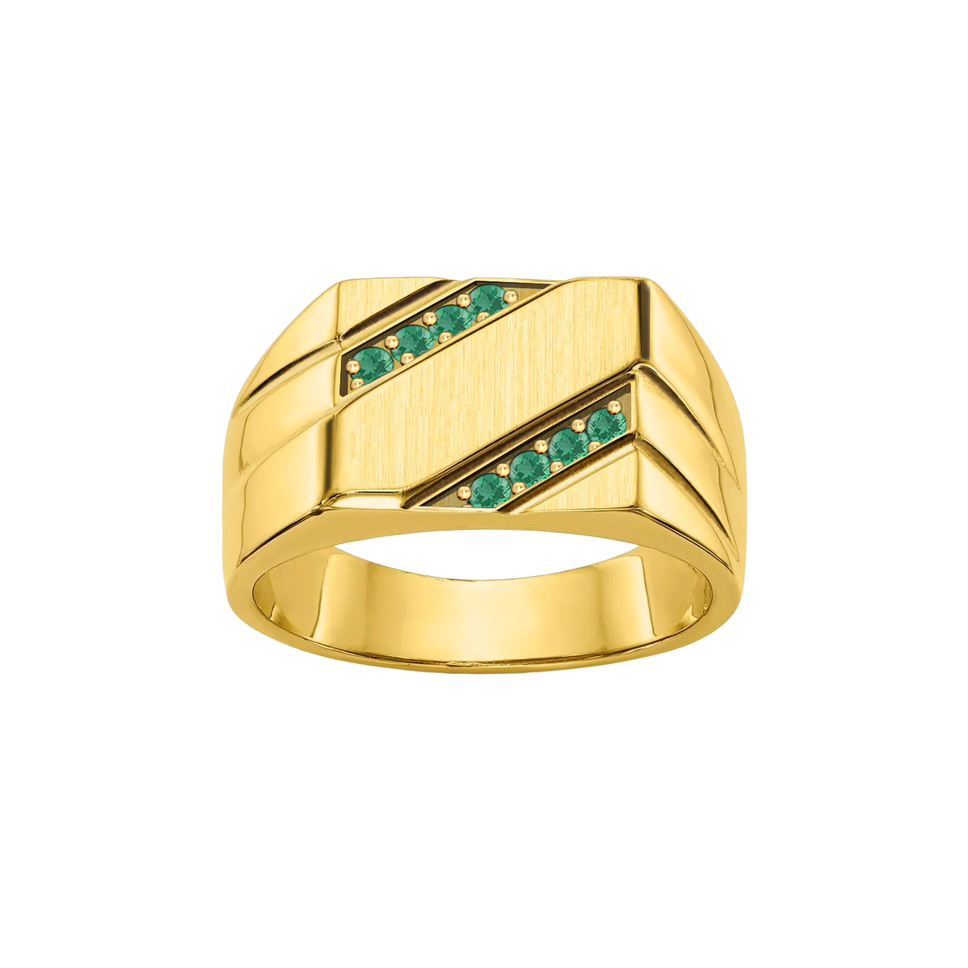 anel masculino signet, ouro amarelo com esmeraldas verdes