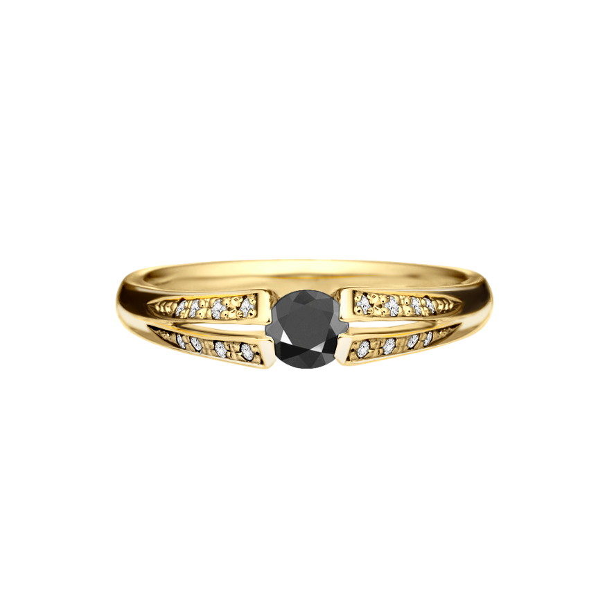 Anel Solitário de Diamante Negro e Diamantes Laterais, Ouro Amarelo - STREAMLINE