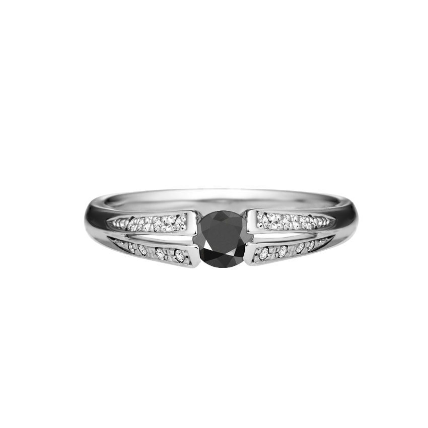 anel solitario diamante negro, diamantes laterais, ouro branco 18k