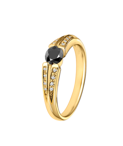 Anel Solitário de Diamante Negro e Diamantes Laterais, Ouro Amarelo - STREAMLINE