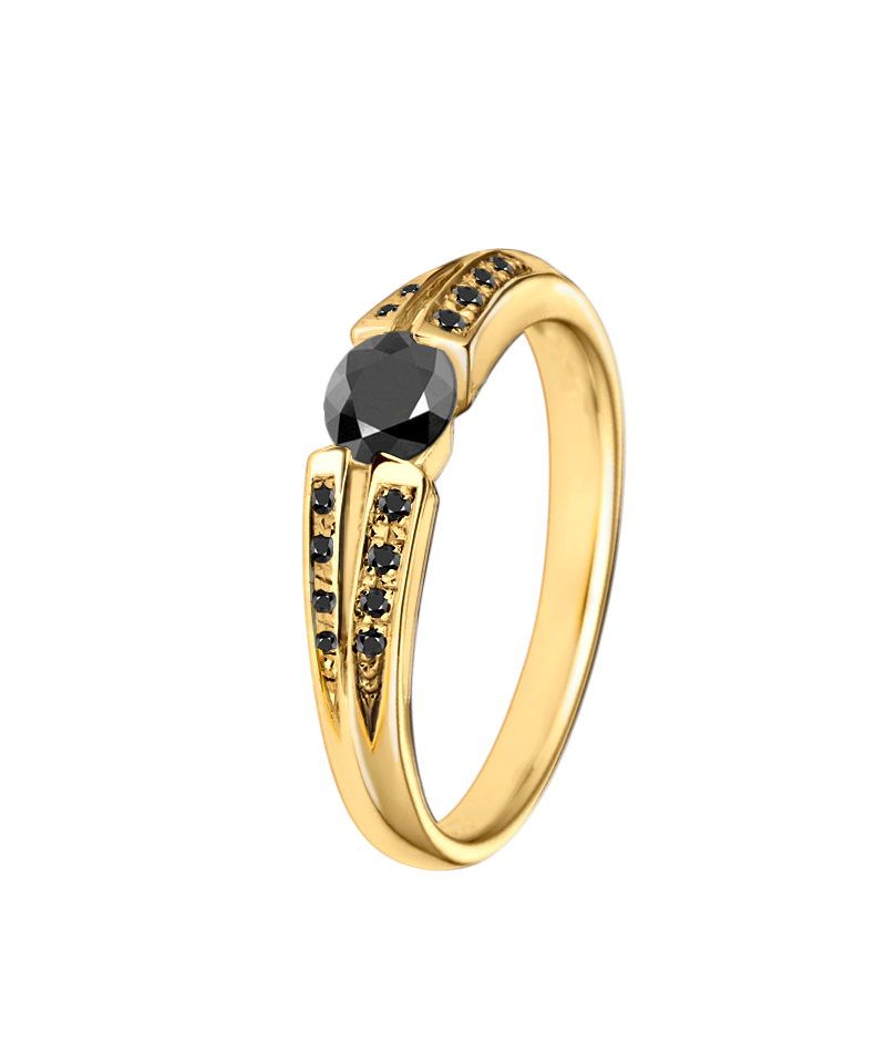 anel moderno, solitario diamantes negros e ouro amarelo