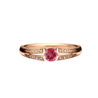 anel solitario rubi e diamantes, ouro rosa 18k